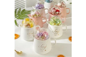 New Year's LED Handmade Mug Preserved Flowers Long Lasting Thanksgiving Holiday Gift Mother's Day Valentine's Day Graduation