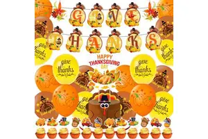 Autumn Thanksgiving Fall Harvest Party Decor Kit PVC Banner Cake Picks Hanging Swirl Balloon Set for Home Decoration