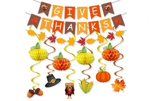 Wholesale Set of Thanksgiving Harvest Party Decorations Including Maple Leaf Banners Garlands and Pumpkin Honeycomb Ornaments