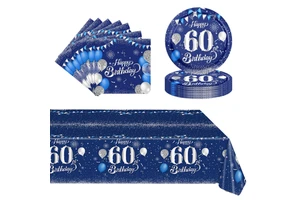 POPOYU 60-80 Pcs Navy Blue Silver 60th Birthday Paper Tableware Set with Napkins & Tablecloth Unisex Party Supplies
