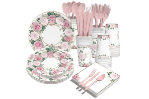 Customized Wholesale Kids Party Supplies Rose Theme Decorations Printed Party Supplies Kits Birthday Party Tableware Sets