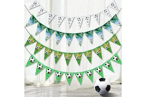 Nice New Football Theme Kids Adult Birthday Game Party Decoration Set with Swirls Banner Soccer Pennants