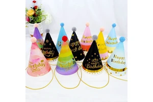 Wholesale Party Accessory Children Adults Happy Birthday Party Supplies Paper Cone Hat with Pompom Individual Retail Pack