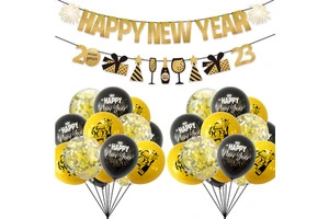 Glittering Disposable Happy New Year 2023 Christmas Paper Banner Flag Firework Gift for Garland Air Balloons Party Decor