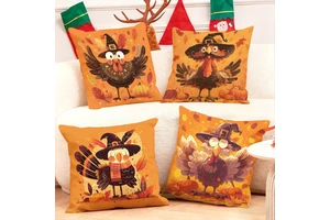 Thanksgiving turkey cushion set with witch hats and autumn leaves for cozy holiday decor
