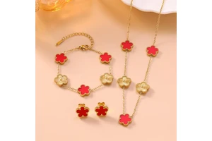 Wholesale 18K Gold Plated Stainless Steel Five Clover Interval Color 3pcs Jewelry Set Earrings Bracelet Necklace for Women Gift