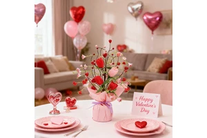 Wholesale Valentine's Day Flower Decoration With Artificial Heart Shaped Berry and 2 Roll Ribbons for Valentine's Day Gift