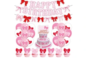 Hello Pink Cat Themed Birthday Party Supplies for Kids Including Tableware Banner Cake Toppers Candy Bags Children's Celebration