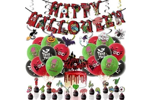 Halloween Haunted House Party Supplies Creepy Skeleton Banners Witch Hat Cake Flags Balloon Garland for Horror Themed Bar Decor