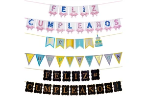 Factory Wholesale Spanish Version Gold Foil Paper Banner Adult Children's Birthday Hanging Flag Decoration Supplies