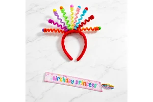 Whimsical Plush Pom Pom Birthday Headband & Sash Set for Girls Hot Selling Colorful Party Crown with Shoulder Straps