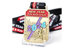 Rectangular Soft Enamel New Year Fun Walk Run Sports Medal With 3D Runner Silhouette Custom Finisher Award