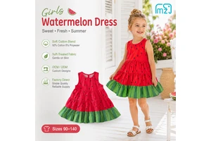 Wholesale Girls Watermelon Casual Knee-Length Dress 92% Cotton Sleeveless Kids Summer Boutique Dress Sizes 90-140 OEM ODM Low