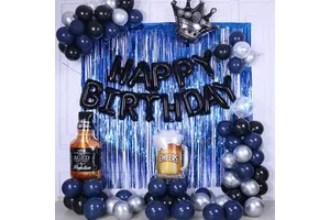 Black and Blue Party Decorations Happy Birthday for Men Women Birthday Black Party Decor with Foil Fringe Curtains