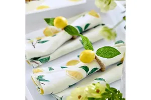 Easter - Inspired Cotton - Linen Lemon Print Napkins With Leaf Napkin Rings