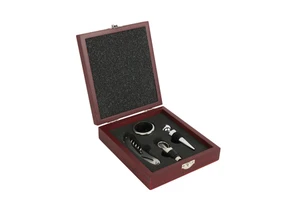 Wine Opener Gift Set With Black Wooden Box Includes Bottle Stopper Pourer & Wine Collar Sustainable Metal & Wood Custom Logo