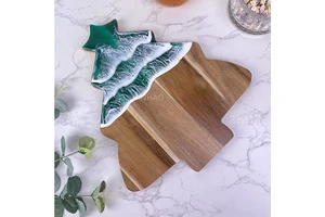 Customized Logo Christmas Tree Wood Serving Board Acacia Wood And Resin Christmas Cutting Board