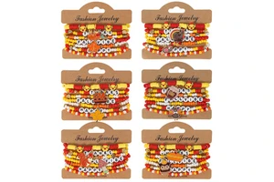 Fall Thanksgiving Day Maple Turkey Charms Soft Clay Beaded Multi-Layer Stretchy Stackable Bracelet Set for Harvest Festival Gift