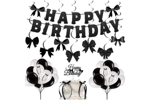 Pink/Black Bow Knot Happy Birthday Banner Flag Swirls Garland Cake Toppers Helium Printed Balloon for Adult Birthday Party Decor