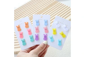3 Pairs Easter Pastel Bunny Stud Earrings Colorful Mini Rabbit Acrylic Cartoon Cute Animal Holiday Jewelry Gifts For Women