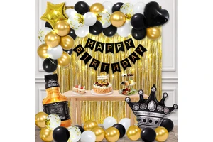 Black Gold Happy Birthday Party Set Fishtail Pull Flag Crown Rain Curtain Stars love Balloon Adult Birthday