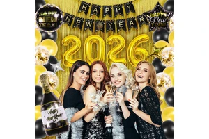 New 2026 Black Gold New Year Balloon Set with Happy New Year Banner and New Year Decoration