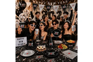 2027 New Year Party Supplies Black Silver Disposable Tableware Set Plates Cups Napkins Decorations for New Year Eve Celebration