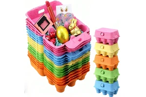 Easter Egg Carton Gift Basket Set Half Dozen Colorful Food Grade Paper Pulp Package Includes Cards Clips Ribbon Raffia