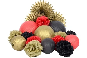 New Year Party Holiday Golden Black Theme Customizable Paper Crafts Party Decoration Kit Tissue Paper Foldable Lantern Pom Pom