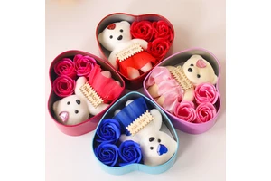 Novelty Gift Set 3pcs Rose Soap Flowers and 1pc Toy Bear in Heart Shaped Box for Valentine's Day Mother's Day Present