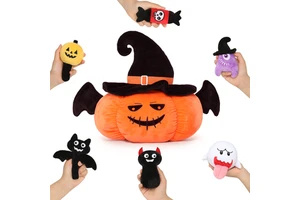 Halloween Bulk Pack 5pcs Glow-in-the-Dark Pumpkin Stuffed Animals 14 Pumpkin Bucket Soft Pillow Candy Pretend Play Preschool