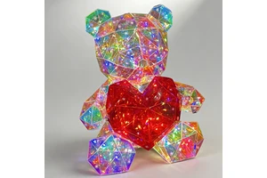 Iridescent LED Glow Love Heart Bear Figurine Ornament Lighted Indoor Valentine's Day Wedding USB Powered Handmade PET Material