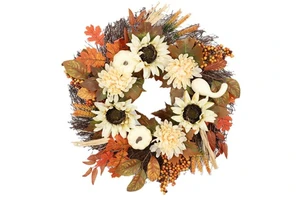 Thanksgiving Harvest Festival Decorative Wreaths with White Pumpkin Sunflowers Maple Leaf for Door Hanging