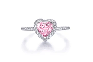 Real 925 Sterling Silver Ring Pink Love Heart Cubic Zircon Ring For Women Brides Engagement Party CZ Jewelry With Rhodium Plated