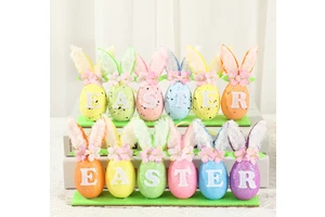 DM Easter Holiday Supplies Table Decoration Letter Egg with Rabbit Ears Flower Props for Festival Atmosphere Arrangement