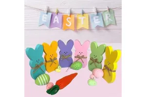 Easter Wooden Bunny Animal-Themed Maternity Solid Wood Ornaments Set of Six Cute Desktop Decoration Made in China