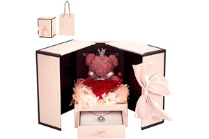 Valentines Day Gift 2023 Preserved Red Rose Bear Jewelry Gift Box for Mom Birthday Girlfriend