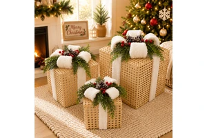Christmas Decoration Products High Quality New Wood Tone Plastic Rattan Gift Box 3 Piece Per Set for Home Xmas Supplier