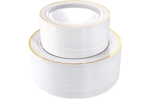 White Gold Rim Disposable Plastic Plates Bulk Party Dinnerware Empty Plastic Dinner Plates For Wedding Banquet Birthday