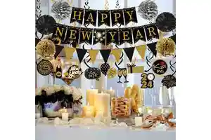 2024 New Year's Day Party Accessories 3D Paper Pull Flag Spiral Flower Ball Set Black+Gold Hot Selling Factory Price Venue