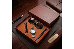 Luxury Men's Gift Set with Metal Watch Aviator Sunglasses Pen and Beaded Bracelet Premium Executive Business Gift Box for Father