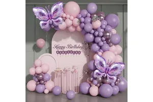 Pastel Pink Purple Butterfly Flower Fairy Theme Balloon Chain Set-Party Decorations for Girls Wedding Birthday