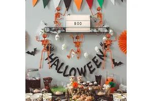 Halloween Haunted House Party Decor 15.5inch Plastic Full Body Movable Joint Skeleton Pumpkin Head Skeleton Hanging Ornaments