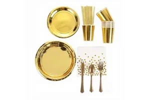 Gold Disposable Paper Plates Cups Straw Napkins Cakestand Tableware Sets for Adult Kids Birthday Party Supplies Gold Theme Decor