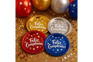 Wholesale Spanish Happy Birthday 7inch Party Paper Plates in Red Blue Gold Silver Disposable Tableware Set for Kids & Adults