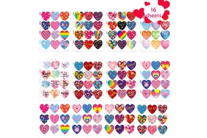 Valentine's Day Heart Stickers 1.5inch Colorful Self-adhesive Reusable PVC Leather Assorted Styles 16 Sheets / 128pcs Scrapbook