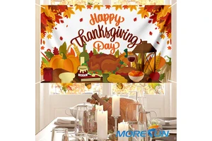 2024 Happy Thanksgiving Day Poster Background Banner with Pumpkin Maple Leaves Turkey for Thanksgiving Day Autumn Harvest Decor