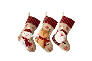 Custom Wholesale Xmas Tree Fireplace Elk Claus Snowman Linen Check Plaid Merry Christmas Stockings Set Embroidery Traditional