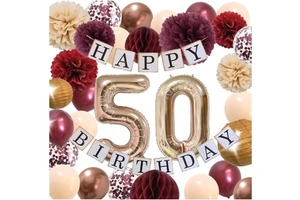 Rose Gold Burgundy 50th 60th Women Birthday Party Supplies With Birthday Banner Tissue Pompoms Flowers Giant 40 50 Foil Balloons
