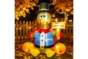 Factory Wholesale Thanksgiving Turkey Driving Pumpkin Cartoon Inflatable Toy, Outdoor Yard LED Light Decorative Ornament